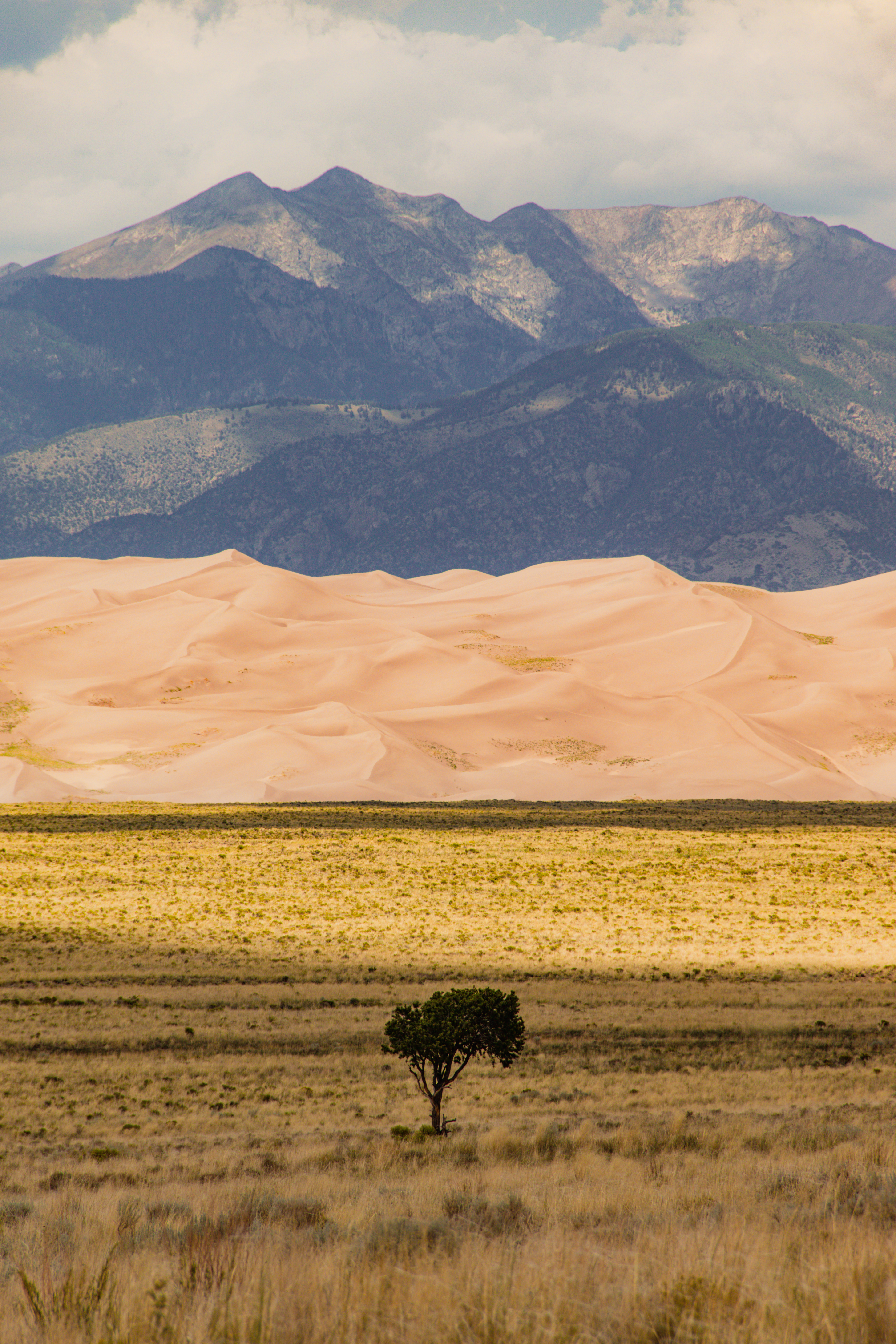 Desert dunes beneath mountain peaks